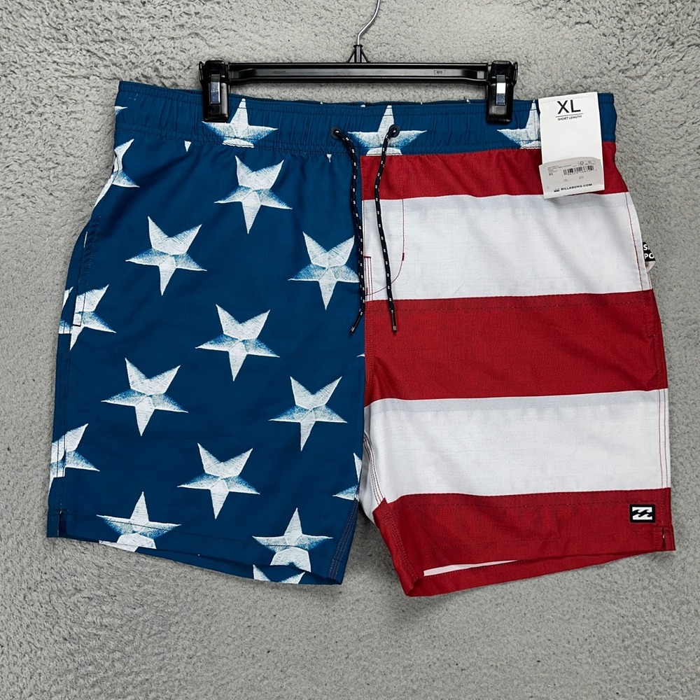 Billabong Mens American Flag Swim Trunks XL Blue Red Colorblock Board Shorts NEW